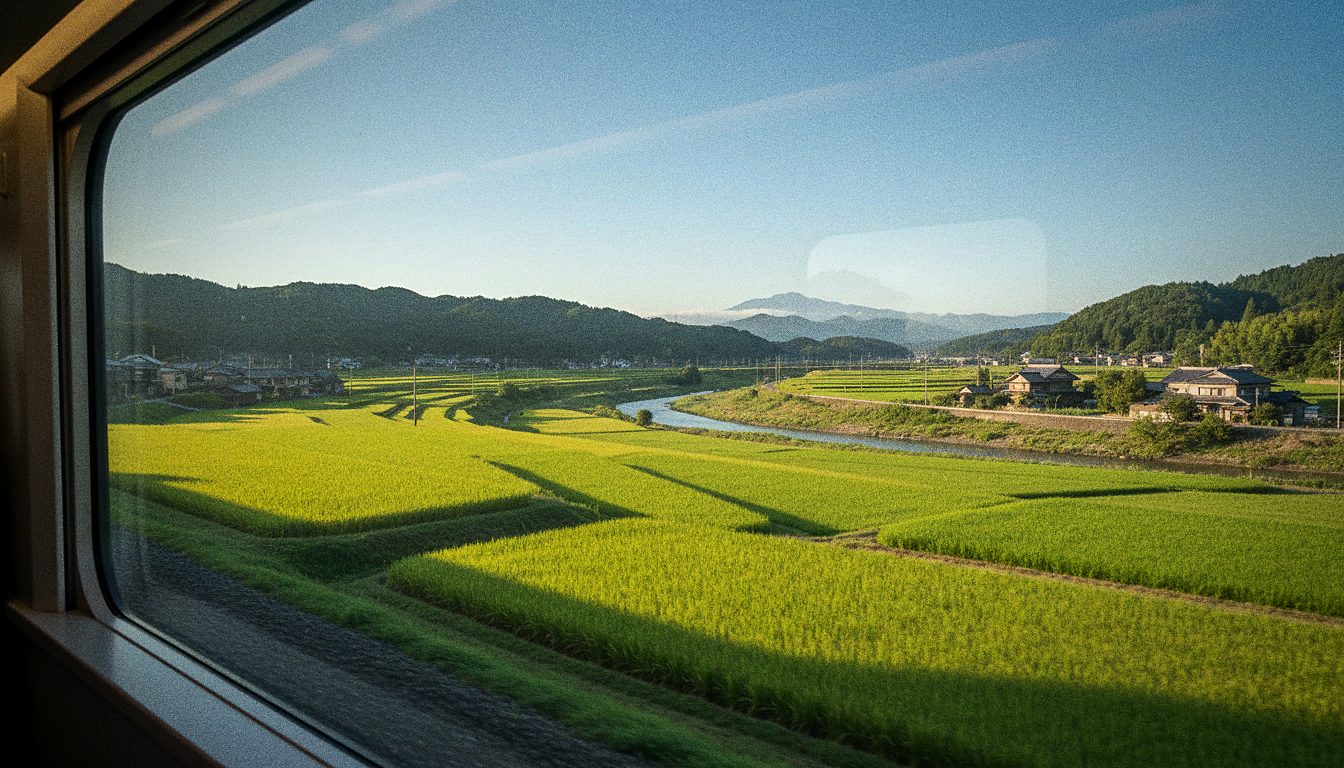 Rizières et campagne japonaise vues depuis la fenêtre du Shinkansen